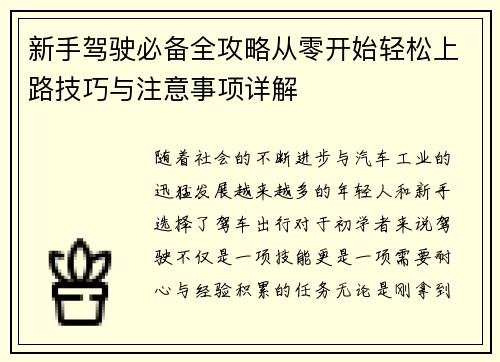 新手驾驶必备全攻略从零开始轻松上路技巧与注意事项详解