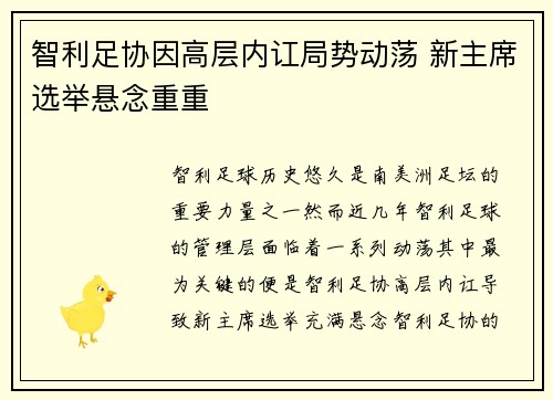 智利足协因高层内讧局势动荡 新主席选举悬念重重