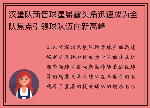 汉堡队新晋球星崭露头角迅速成为全队焦点引领球队迈向新高峰