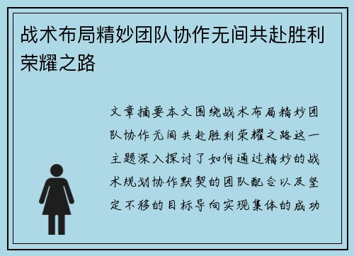 战术布局精妙团队协作无间共赴胜利荣耀之路
