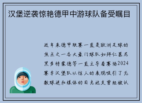 汉堡逆袭惊艳德甲中游球队备受瞩目