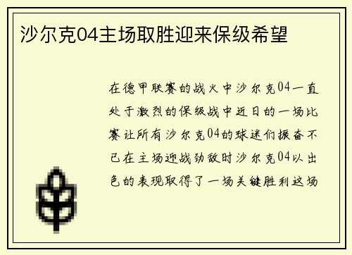 沙尔克04主场取胜迎来保级希望
