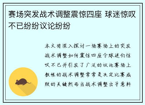 赛场突发战术调整震惊四座 球迷惊叹不已纷纷议论纷纷
