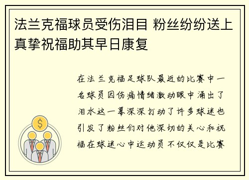 法兰克福球员受伤泪目 粉丝纷纷送上真挚祝福助其早日康复