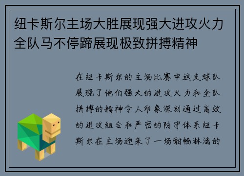 纽卡斯尔主场大胜展现强大进攻火力全队马不停蹄展现极致拼搏精神