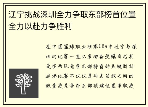 辽宁挑战深圳全力争取东部榜首位置全力以赴力争胜利