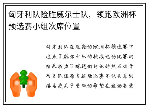 匈牙利队险胜威尔士队，领跑欧洲杯预选赛小组次席位置