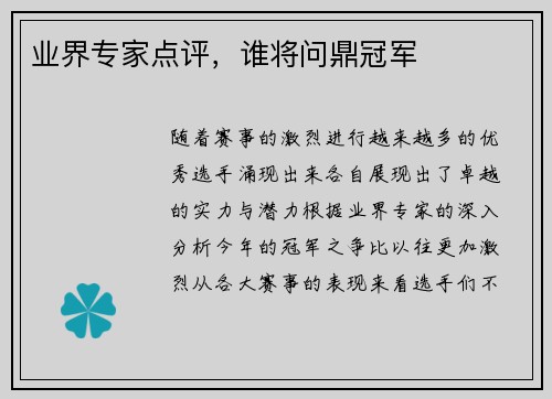 业界专家点评，谁将问鼎冠军