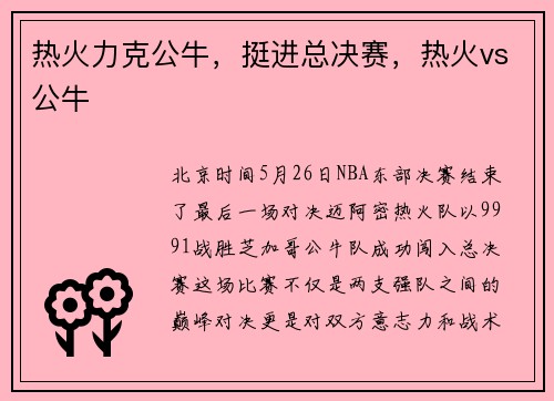 热火力克公牛，挺进总决赛，热火vs公牛