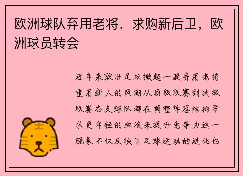 欧洲球队弃用老将，求购新后卫，欧洲球员转会