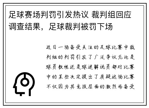 足球赛场判罚引发热议 裁判组回应 调查结果，足球裁判被罚下场