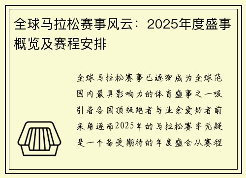 全球马拉松赛事风云：2025年度盛事概览及赛程安排