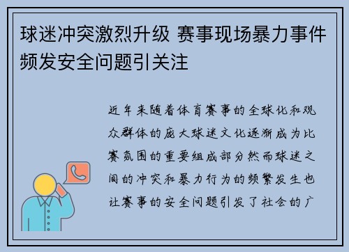 球迷冲突激烈升级 赛事现场暴力事件频发安全问题引关注