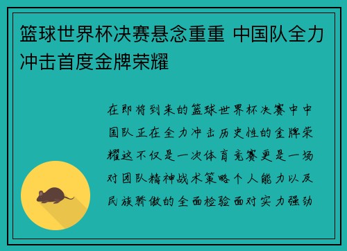 篮球世界杯决赛悬念重重 中国队全力冲击首度金牌荣耀