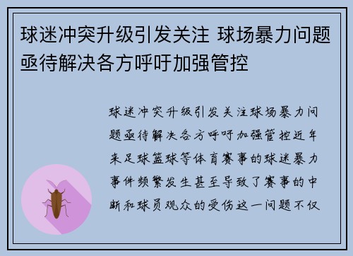 球迷冲突升级引发关注 球场暴力问题亟待解决各方呼吁加强管控